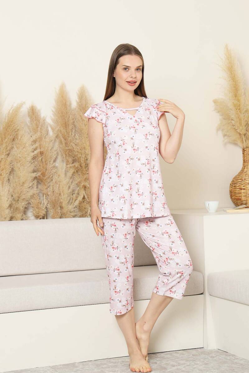 Desenli Kadın Pijama Takımı - Bahar Çiçekleri Fırfırlı kol Likralı Viskon Bermuda 2840B
