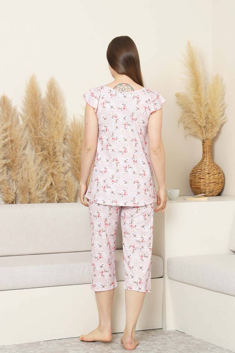 Desenli Kadın Pijama Takımı - Bahar Çiçekleri Fırfırlı kol Likralı Viskon Bermuda 2840B