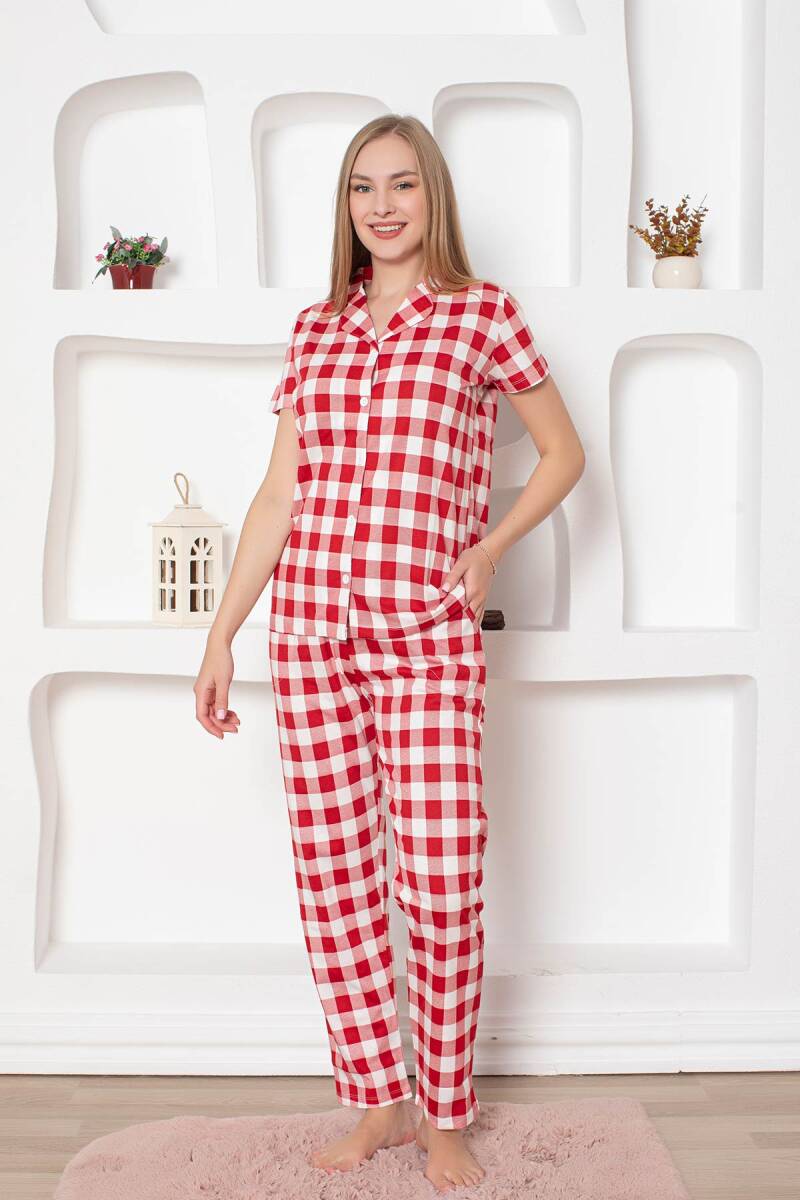 Ekoseli Önden Düğmeli Kadın Pijama Takımı - Kırmızı Kısa Kollu Penye 2793KY