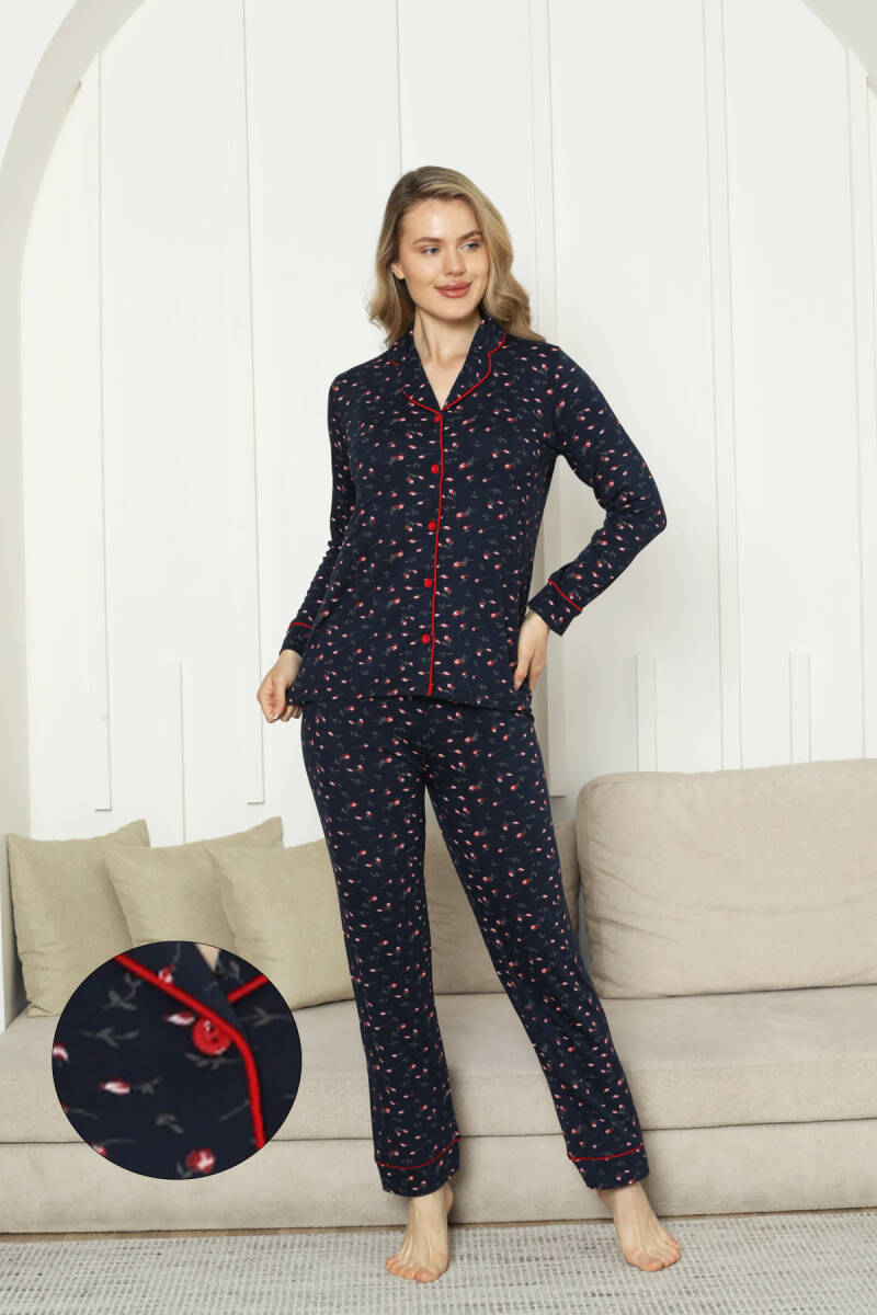 Önden Düğmeli Kadın Pijama Takımı - Laciver Gül Desenli Uzun Kol Likralı Rink Viskon 2862UY