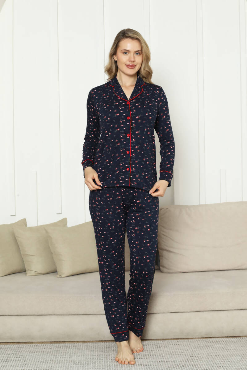 Önden Düğmeli Kadın Pijama Takımı - Laciver Gül Desenli Uzun Kol Likralı Rink Viskon 2862UY