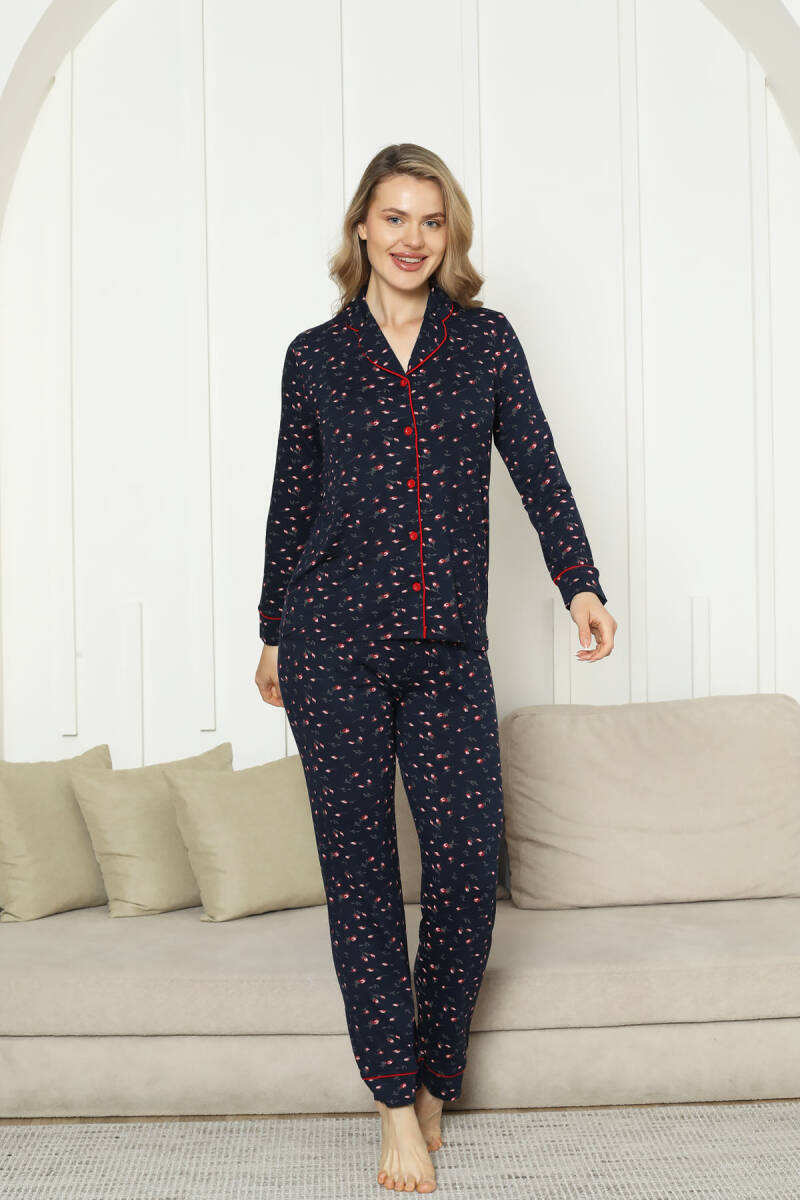 Önden Düğmeli Kadın Pijama Takımı - Laciver Gül Desenli Uzun Kol Likralı Rink Viskon 2862UY