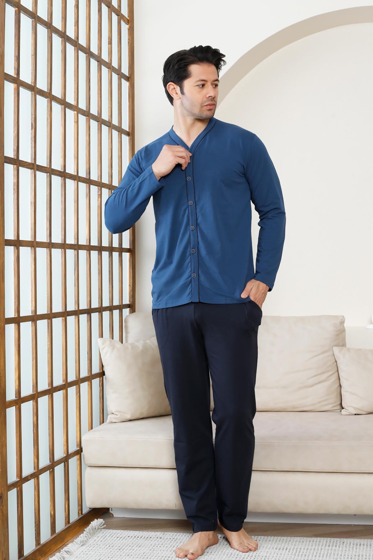 Önden Düğmeli Erkek Pijama Takımı -İndigo Uzun Kol Likralı Pamuk 1214UY