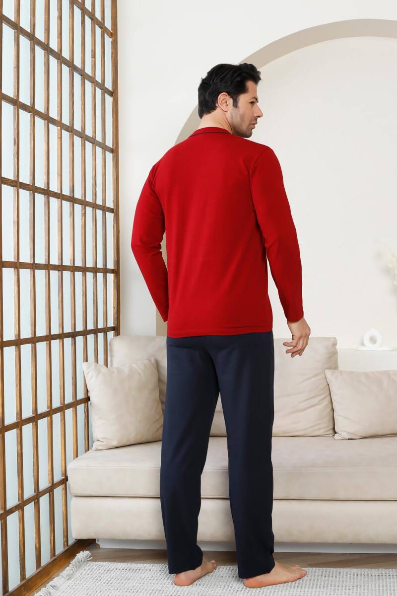 Önden Düğmeli Erkek Pijama Takımı - Bordo Uzun Kol Likralı Pamuk 1214UY