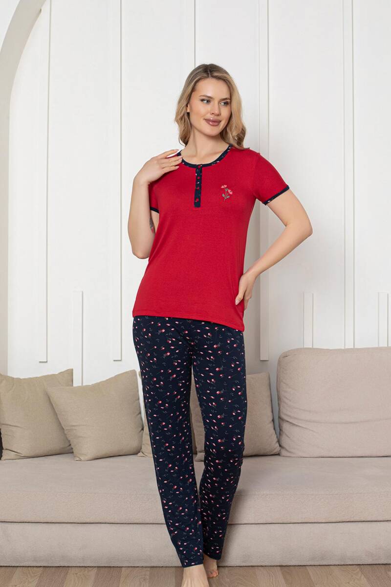 Nakışlı Kadın Pijama Takımı - Laciver Gül Desenli Kısa Kol Likralı Rink Viskon 2861KY