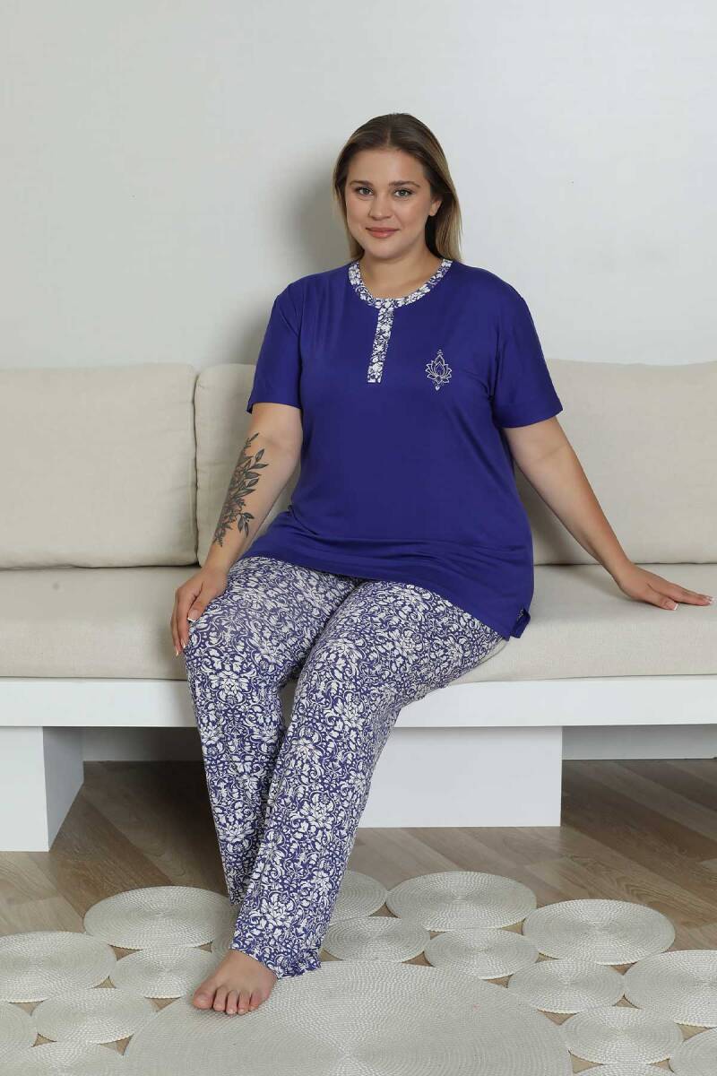 Büyük Beden Pijama Takımı - Saks Mavi Etnik Desenli Kısa Kol Likralı Rink Viskon 2865KYB