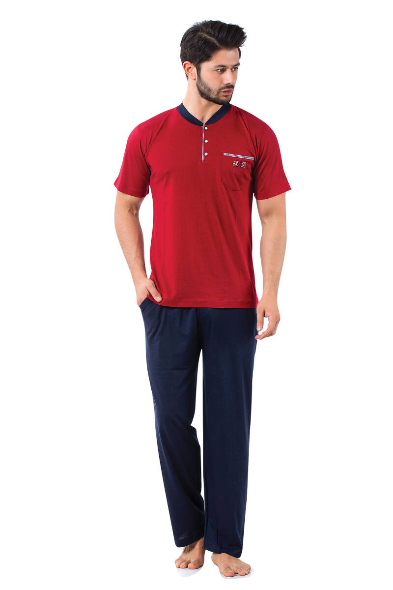Erkek Pijama Takımı - Bordo Arma Nakışlı Likralı Kısa Kollu Penye 1194KY