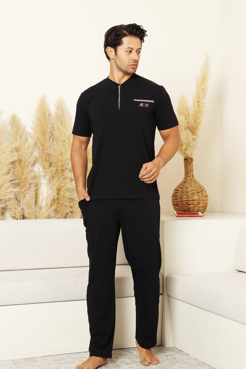 Erkek Pijama Takımı - Siyah Arma Nakışlı Likralı Kısa Kollu Penye 1194KY
