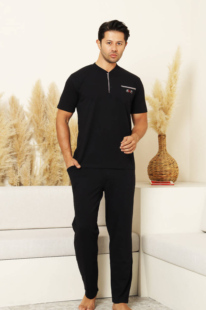 Erkek Pijama Takımı - Siyah Arma Nakışlı Likralı Kısa Kollu Penye 1194KY