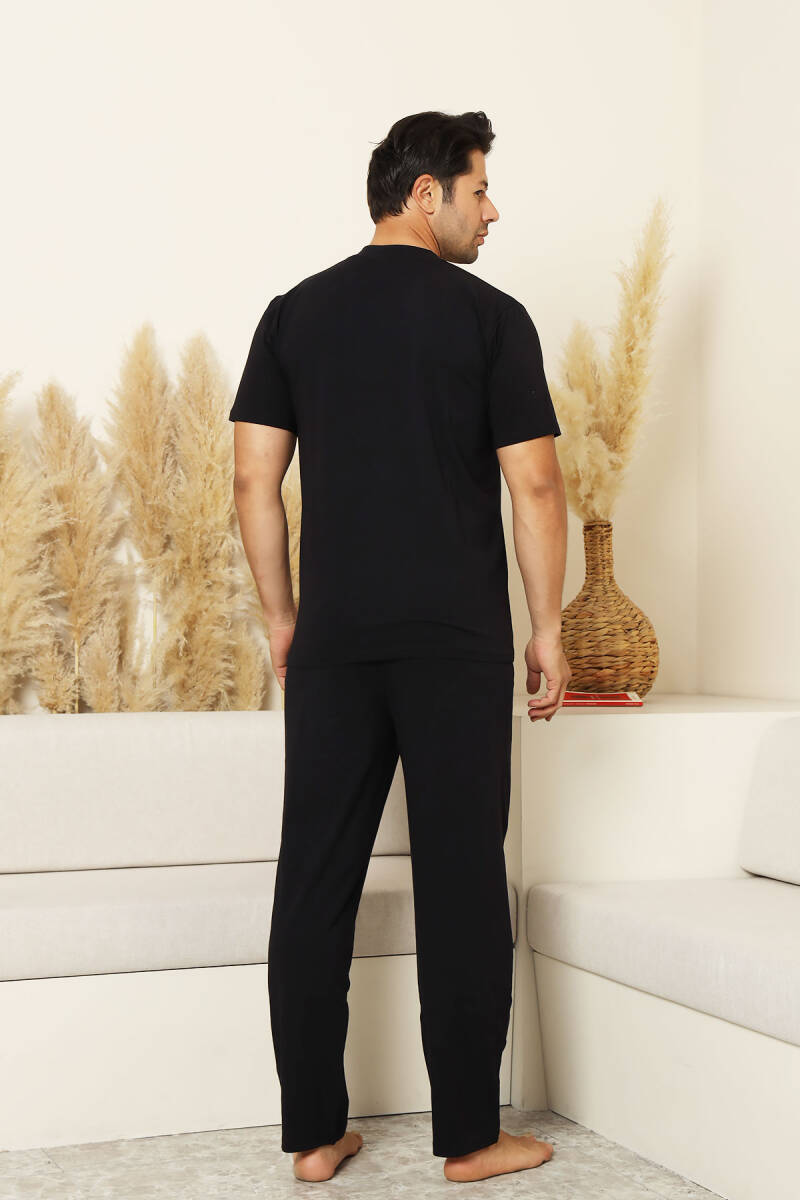 Erkek Pijama Takımı - Siyah Arma Nakışlı Likralı Kısa Kollu Penye 1194KY