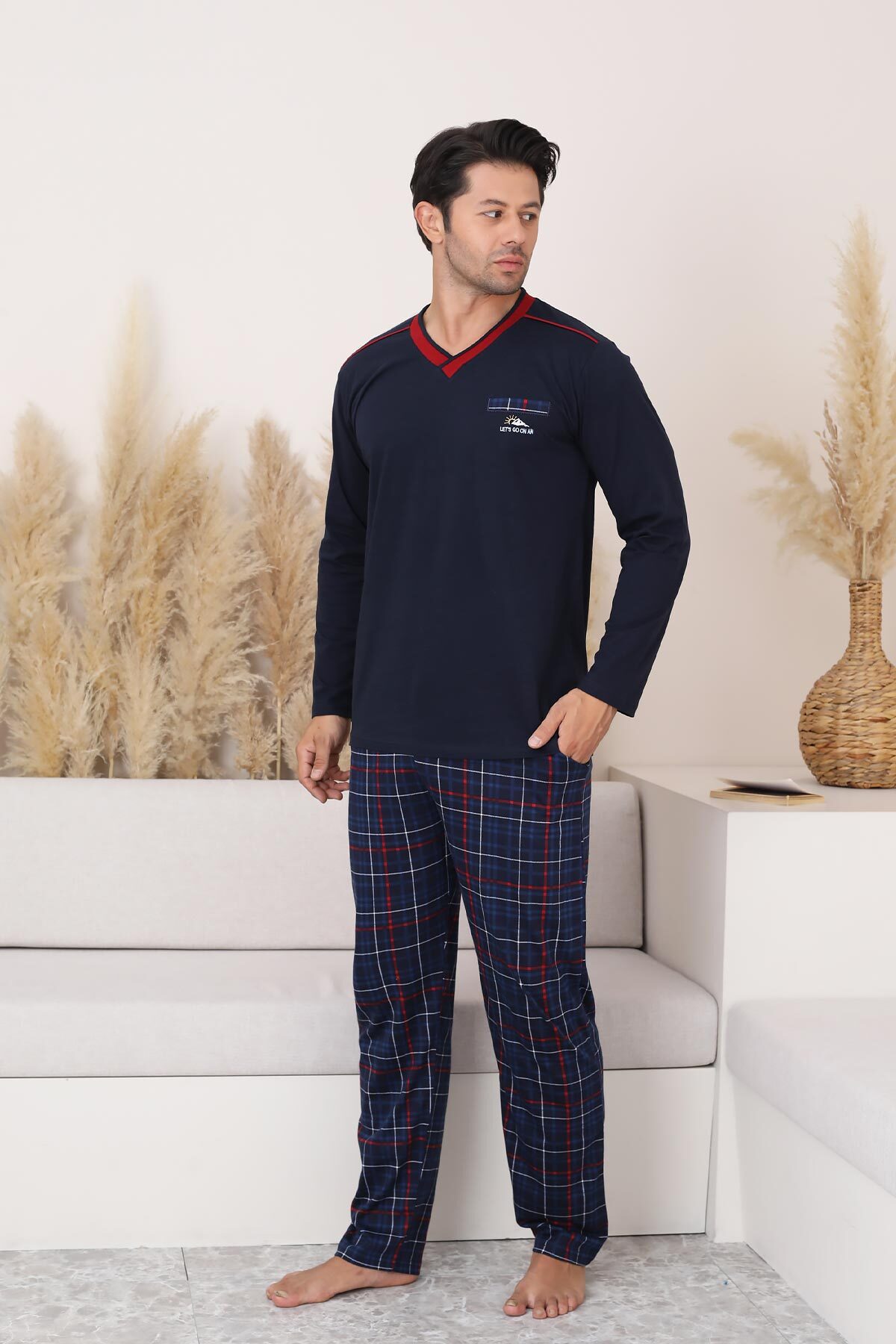 Lacivert Ekoseli Uzun Kollu Erkek Pijama Takımı 1167UY