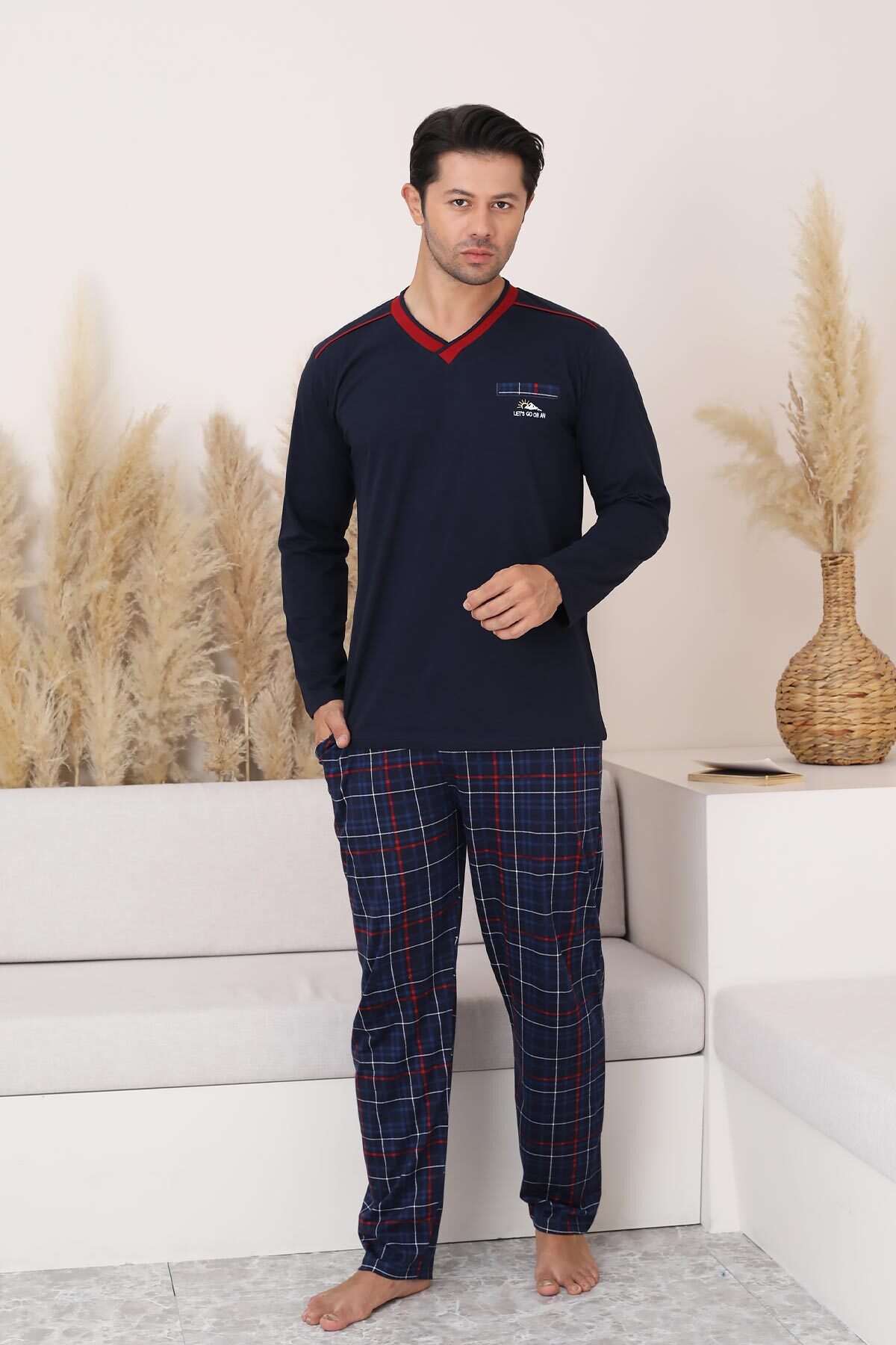 Lacivert Ekoseli Uzun Kollu Erkek Pijama Takımı 1167UY