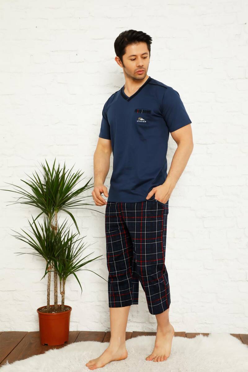 Koyu İndigo Ekoseli Bermuda Erkek Pijama Takımı 1167B