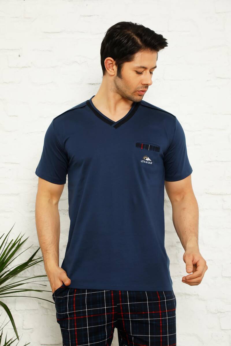 Koyu İndigo Ekoseli Bermuda Erkek Pijama Takımı 1167B