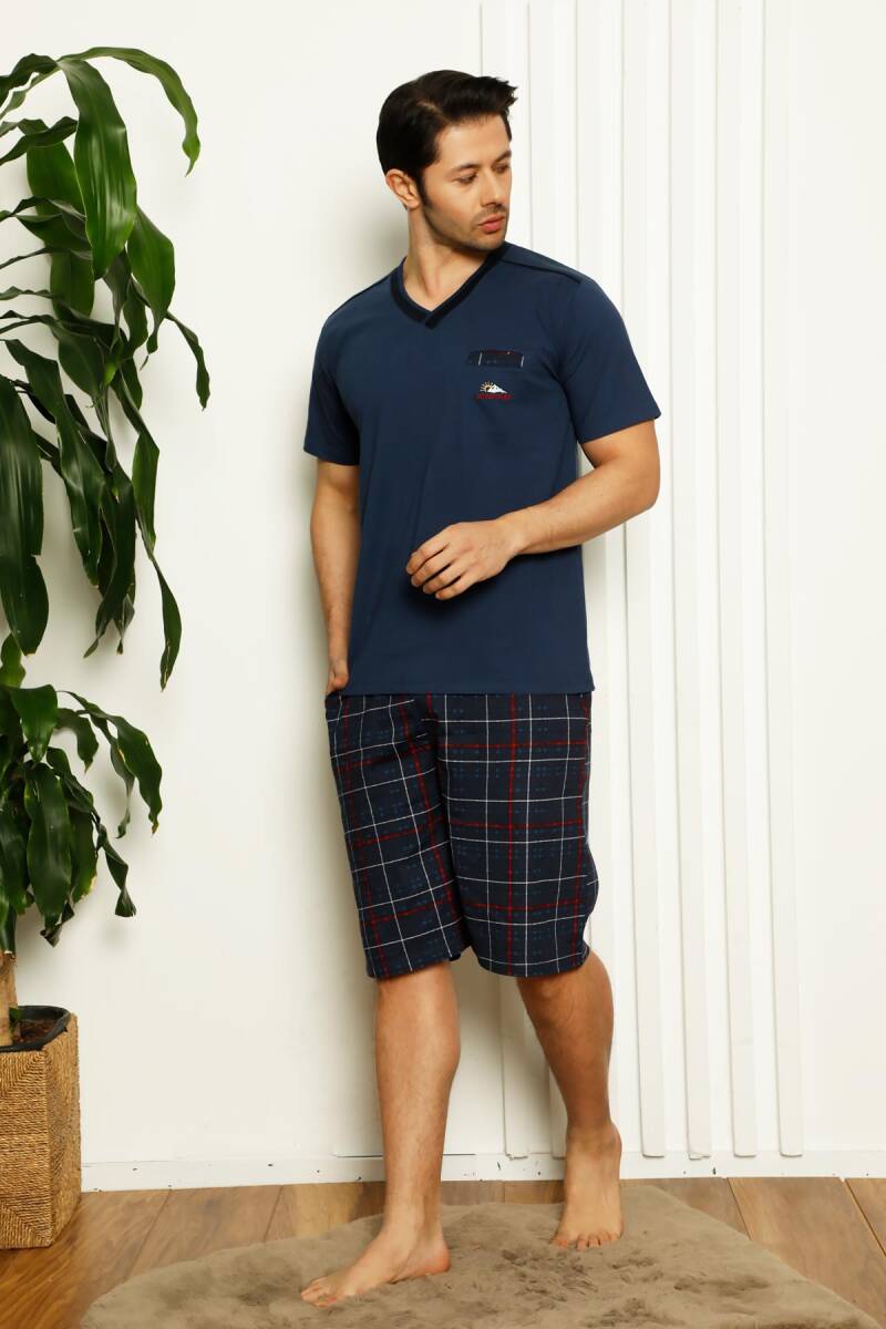 Koyu İndigo Ekoseli Şortlu Erkek Pijama Takımı 1167ŞT