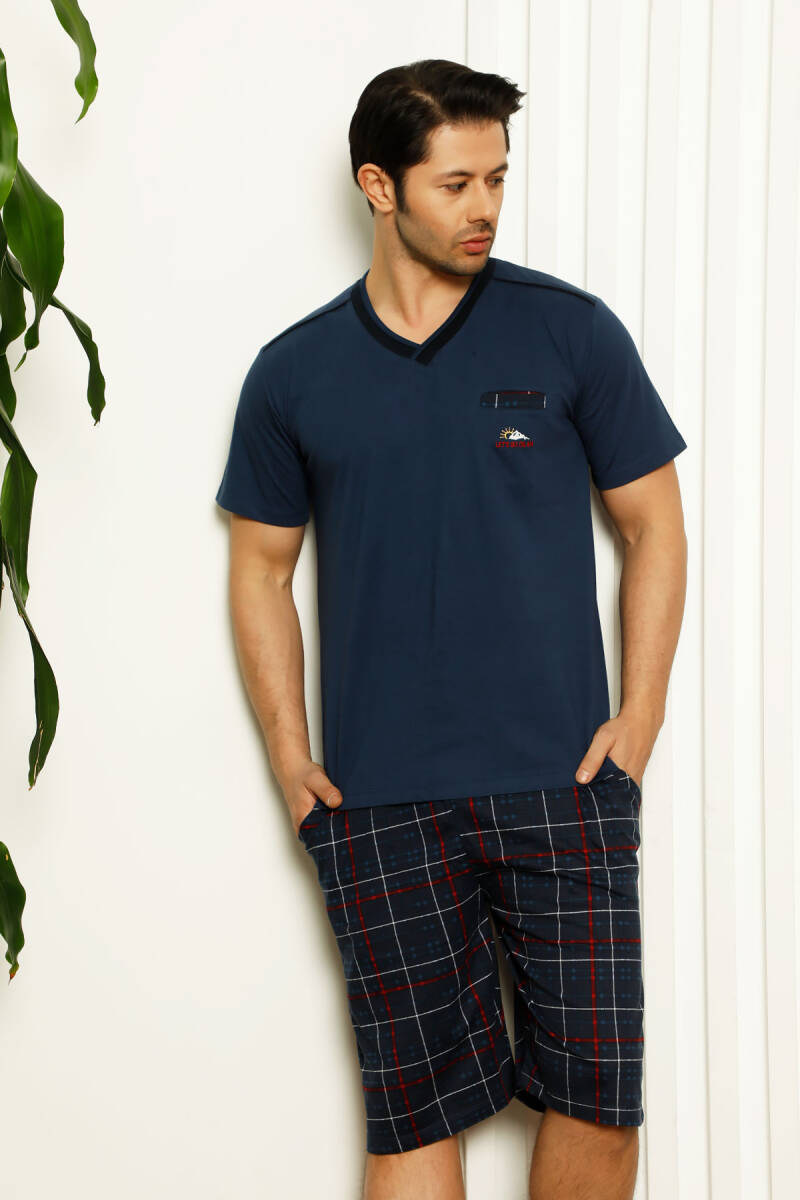 Koyu İndigo Ekoseli Şortlu Erkek Pijama Takımı 1167ŞT