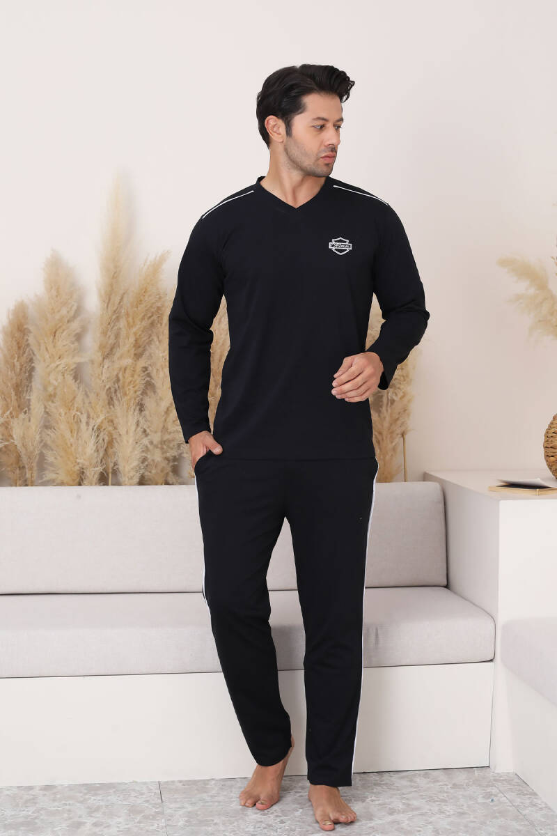 Erkek Pijama Takımı - Siyah Arma Nakışlı V Yaka Uzun Kollu Penye 1216UK