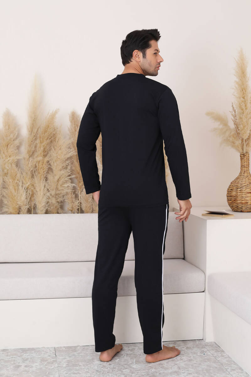 Erkek Pijama Takımı - Siyah Arma Nakışlı V Yaka Uzun Kollu Penye 1216UK
