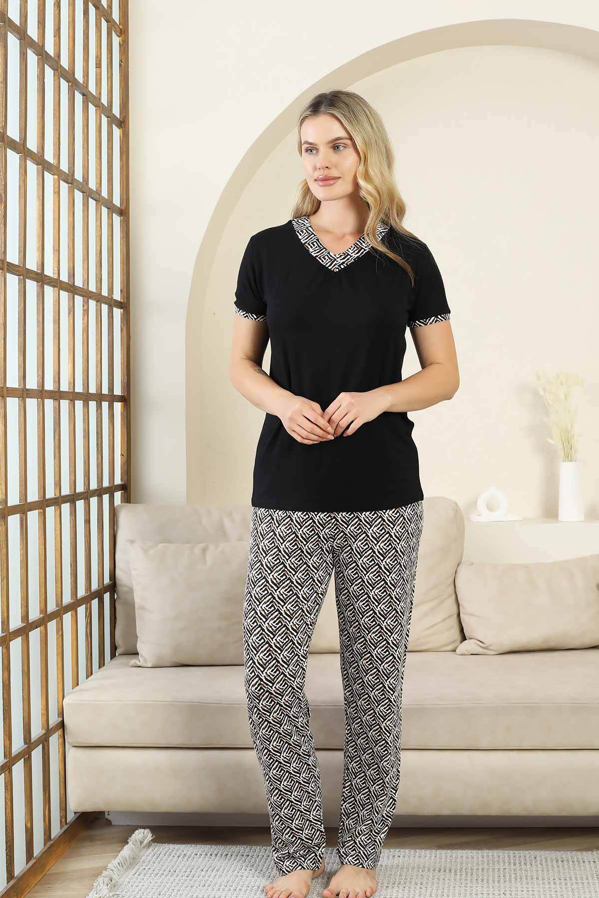 Etnik Desenli Kadın Pijama Takımı - Siyah V Yaka Kısa Kollu Bambu Likralı 2866KY