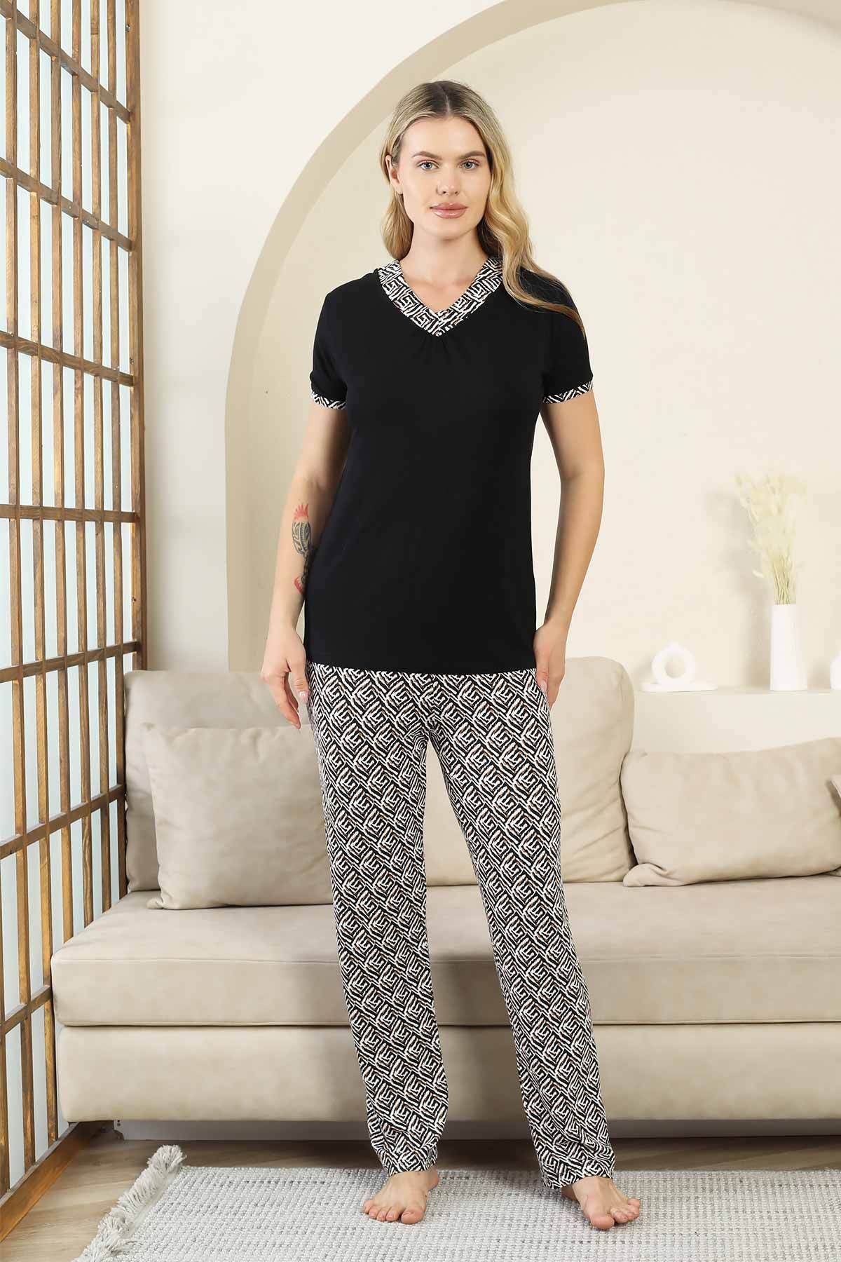 Etnik Desenli Kadın Pijama Takımı - Siyah V Yaka Kısa Kollu Bambu Likralı 2866KY