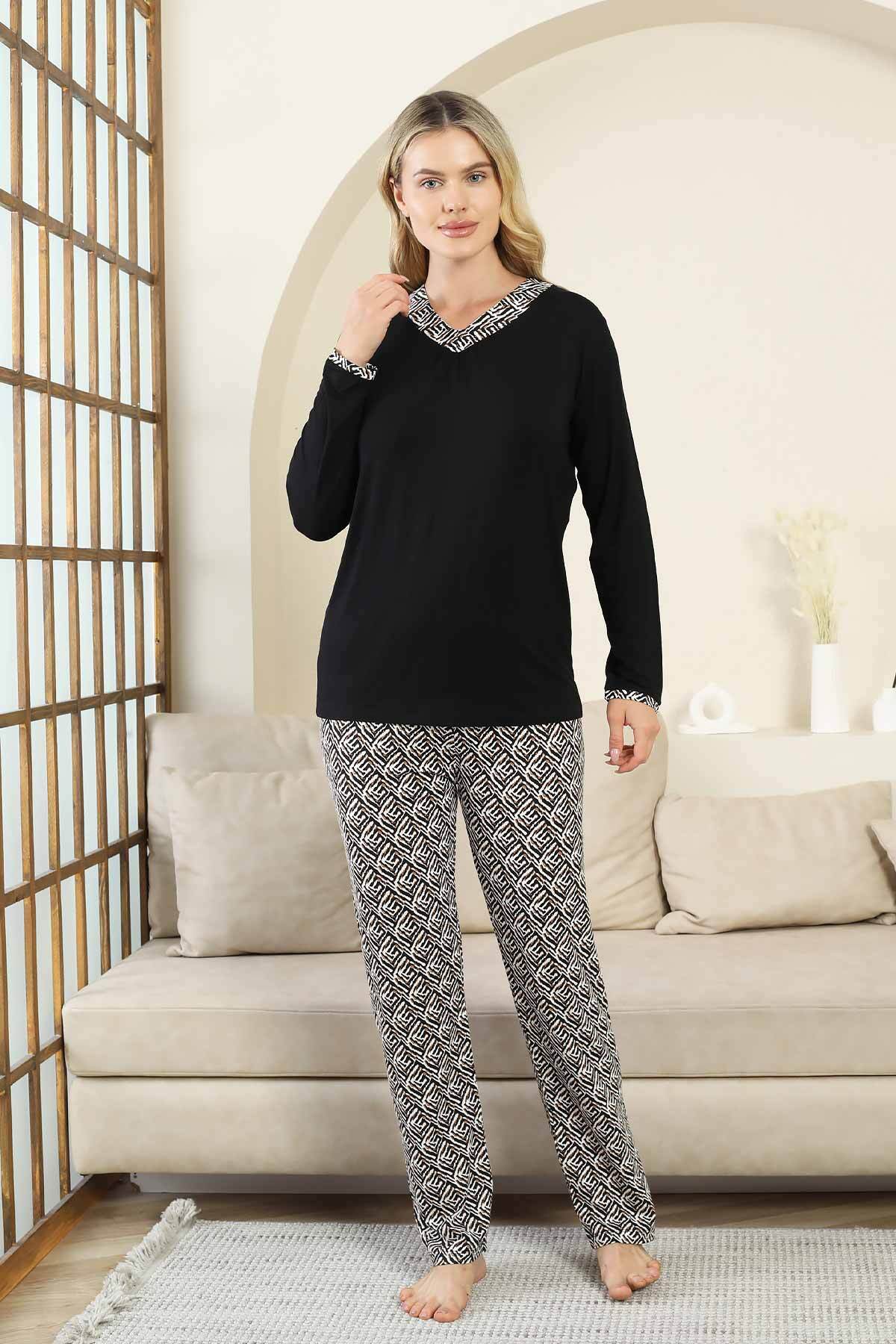 Etnik Desenli Kadın Pijama Takımı - Siyah V Yaka Uzun Kollu Bambu Likralı 2866UY