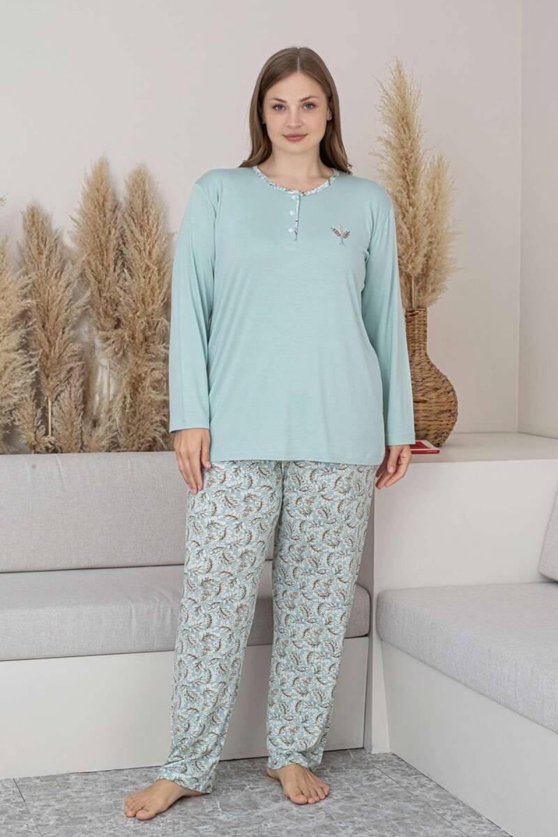Büyük Beden Bayan Pijama Takımı - Su Yeşili Çiçek Desen Uzun Kol Likralı Viskon 2874UYB
