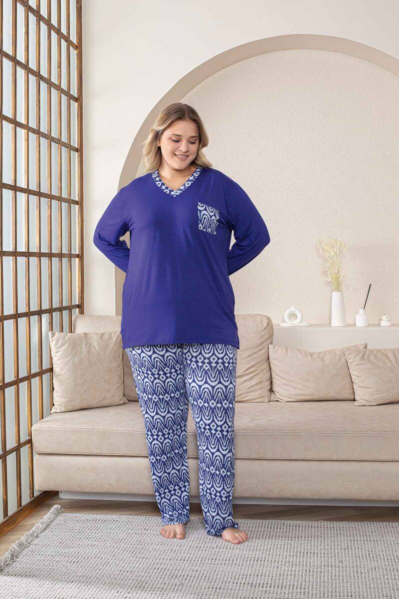 Büyük Beden Kadın Pijama Takımı - Saks Mavi V Yaka Uzun Kollu Likralı Kumaş 2824UYB