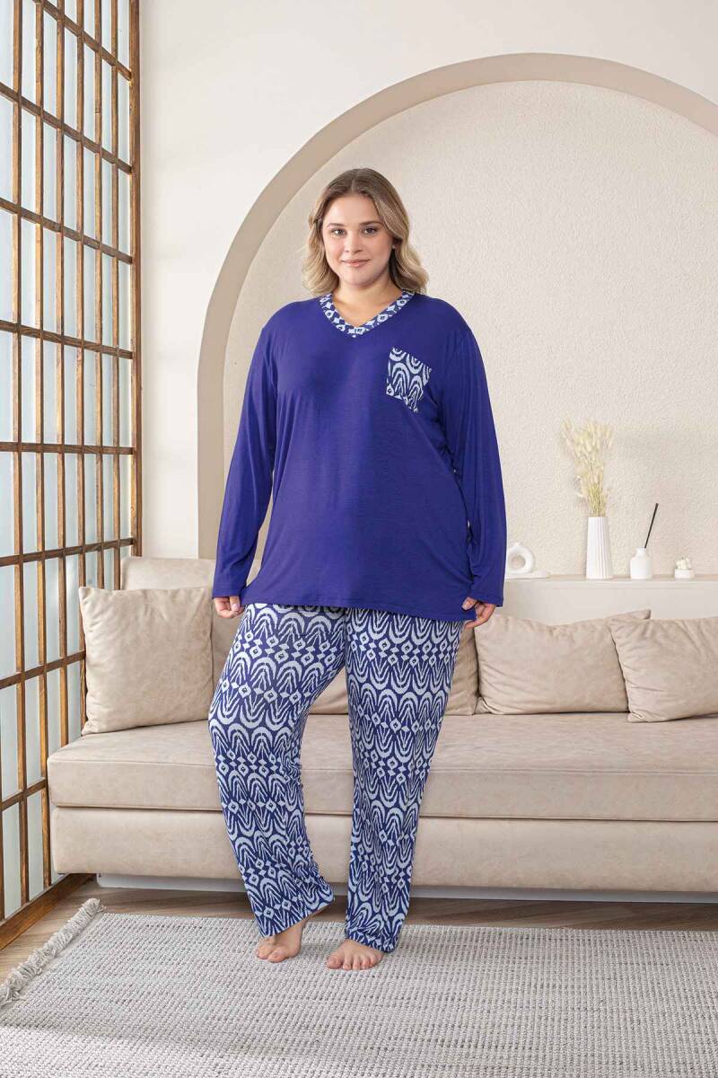 Büyük Beden Kadın Pijama Takımı - Saks Mavi V Yaka Uzun Kollu Likralı Kumaş 2824UYB