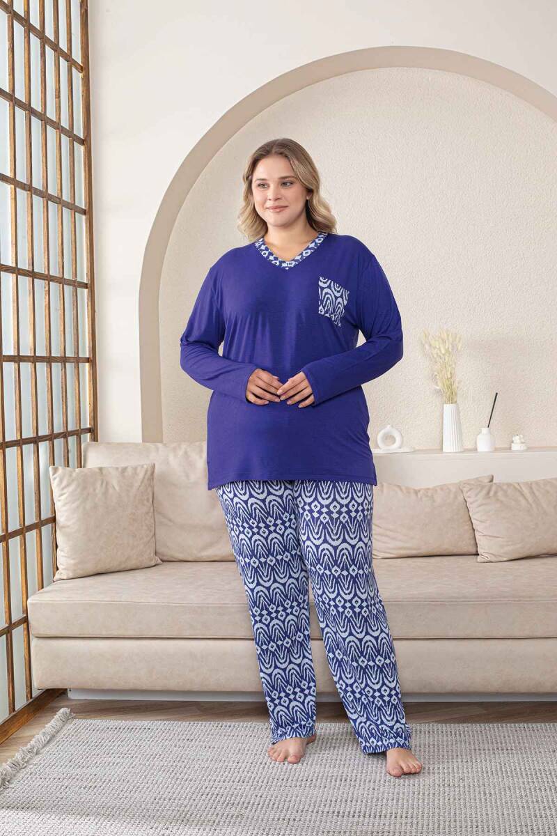 Büyük Beden Kadın Pijama Takımı - Saks Mavi V Yaka Uzun Kollu Likralı Kumaş 2824UYB