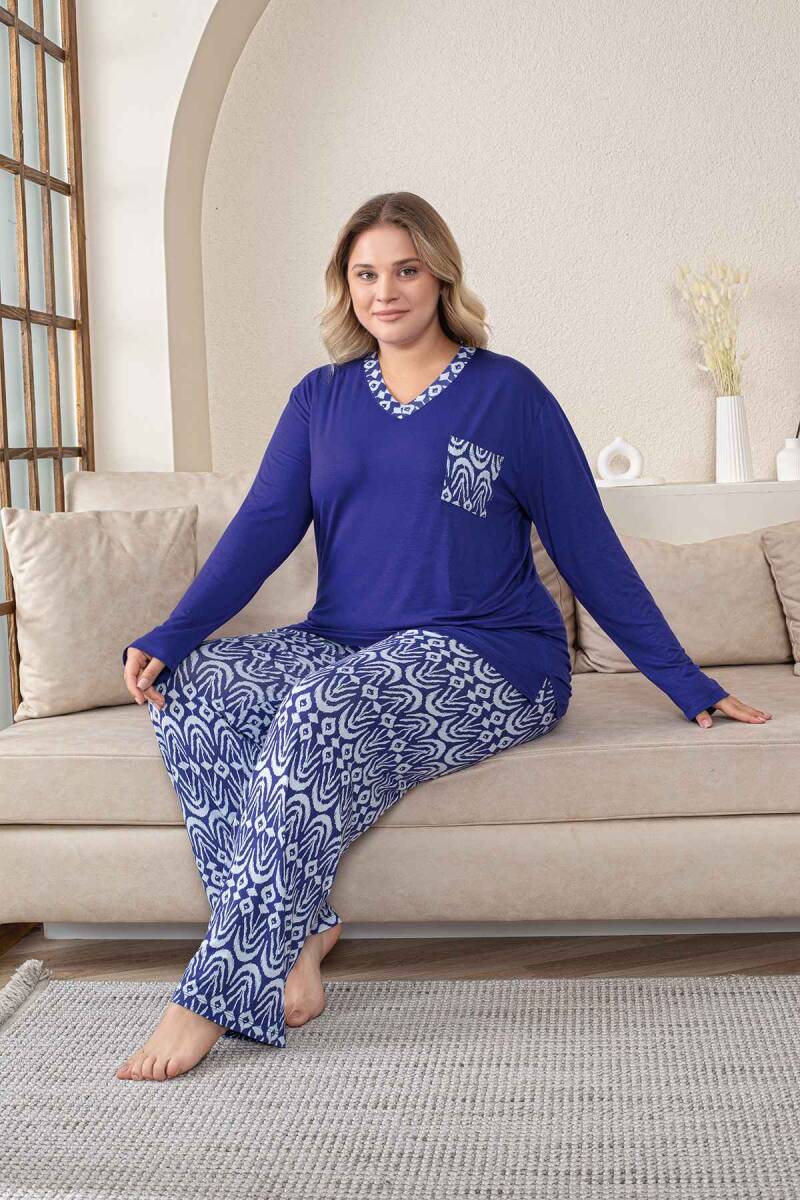 Büyük Beden Kadın Pijama Takımı - Saks Mavi V Yaka Uzun Kollu Likralı Kumaş 2824UYB