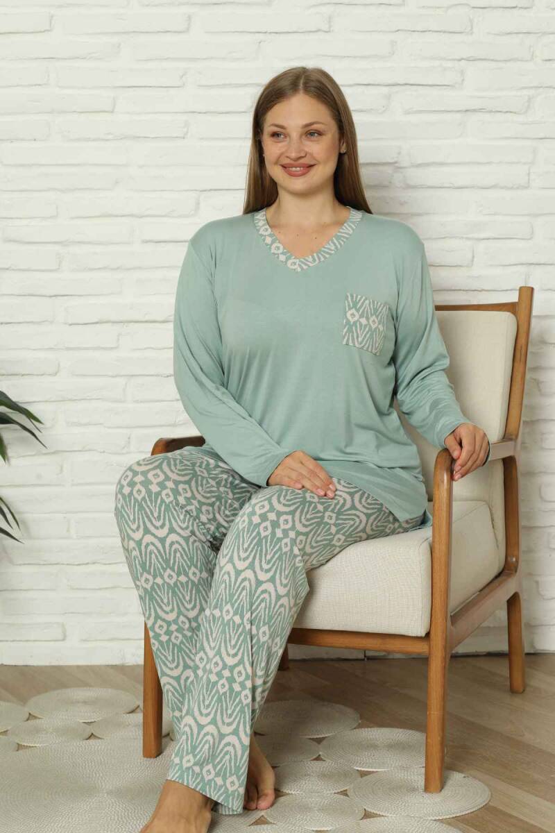 Büyük Beden Kadın Pijama Takımı - Yeşil V Yaka Uzun Kollu Likralı Kumaş 2824UYB