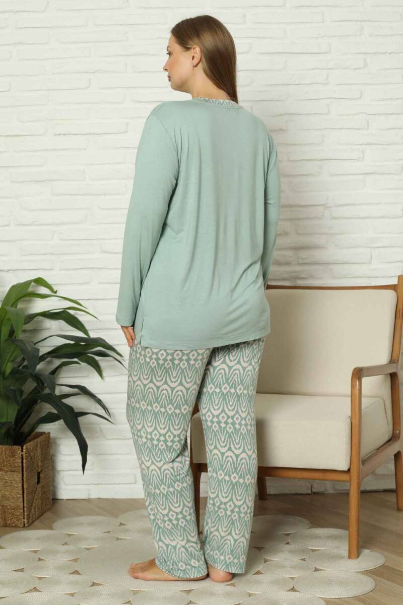 Büyük Beden Kadın Pijama Takımı - Yeşil V Yaka Uzun Kollu Likralı Kumaş 2824UYB