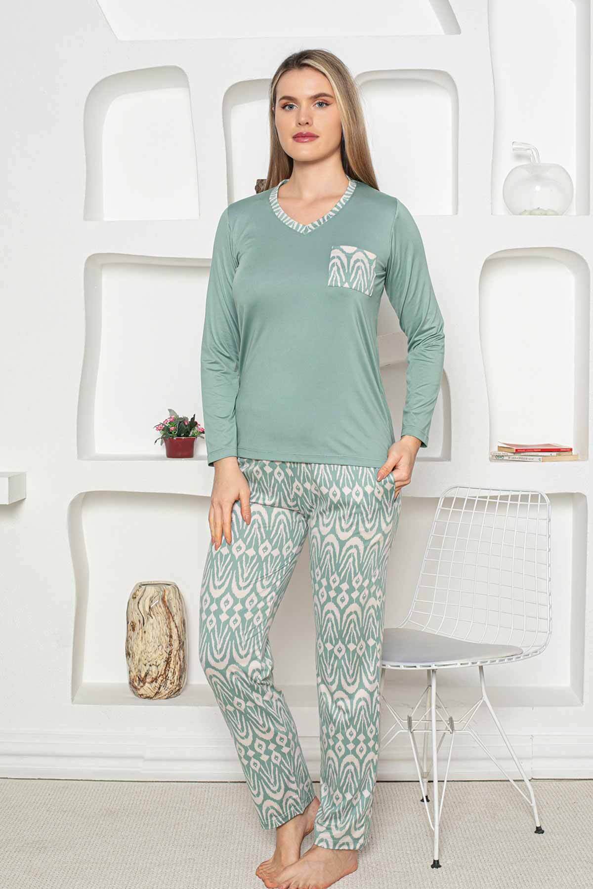 Etnik Desenli Kadın Pijama Takımı - Yeşil Uzun Kollu Milan kumaş 2824UY