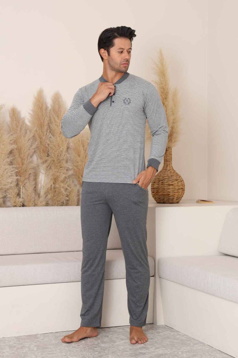 Erkek Pijama Takımı - Gri Çizgili Arma Nakışlı Likralı Uzun Kollu Penye 1219UY