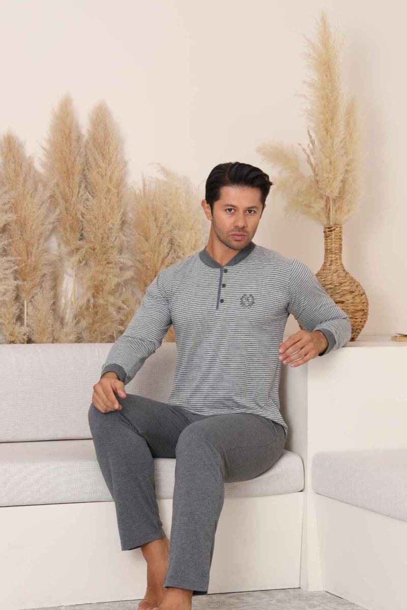 Erkek Pijama Takımı - Gri Çizgili Arma Nakışlı Likralı Uzun Kollu Penye 1219UY