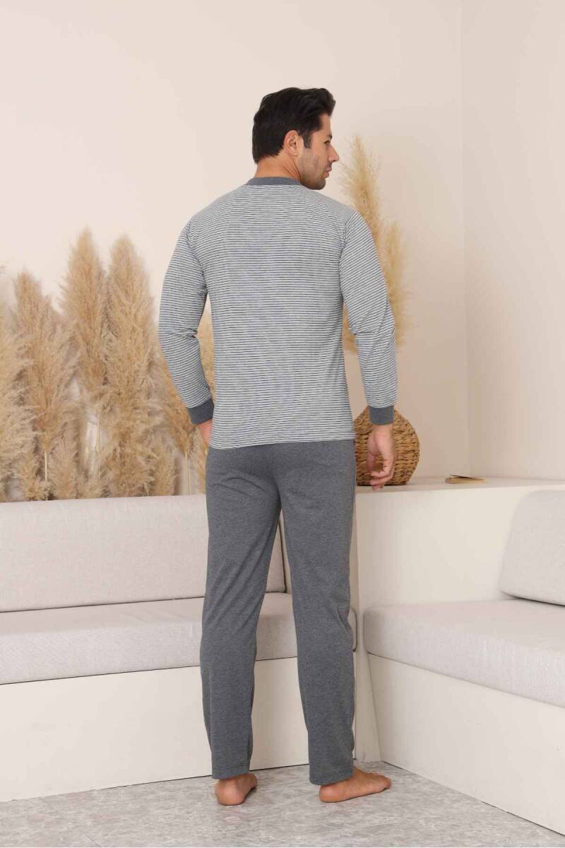 Erkek Pijama Takımı - Gri Çizgili Arma Nakışlı Likralı Uzun Kollu Penye 1219UY
