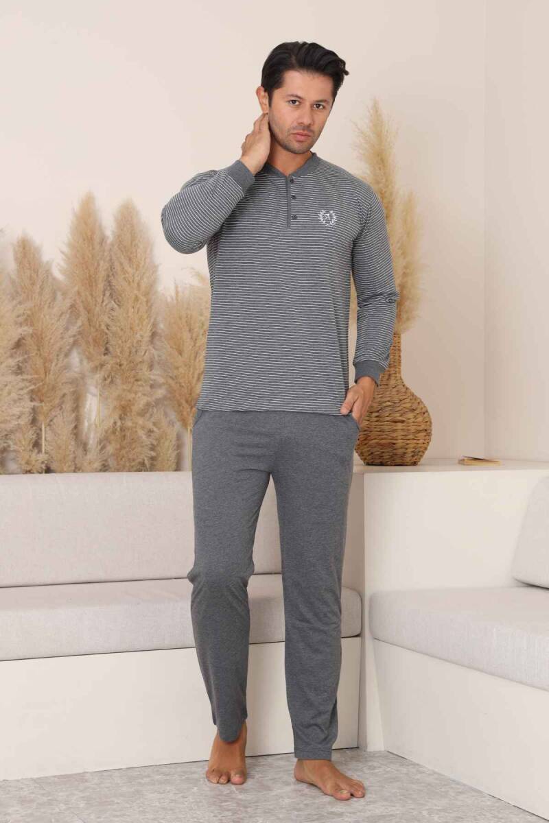 Erkek Pijama Takımı - Antrasit Çizgili Arma Nakışlı Likralı Uzun Kollu Penye 1219UY