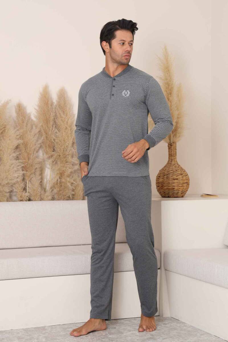 Erkek Pijama Takımı - Antrasit Çizgili Arma Nakışlı Likralı Uzun Kollu Penye 1219UY