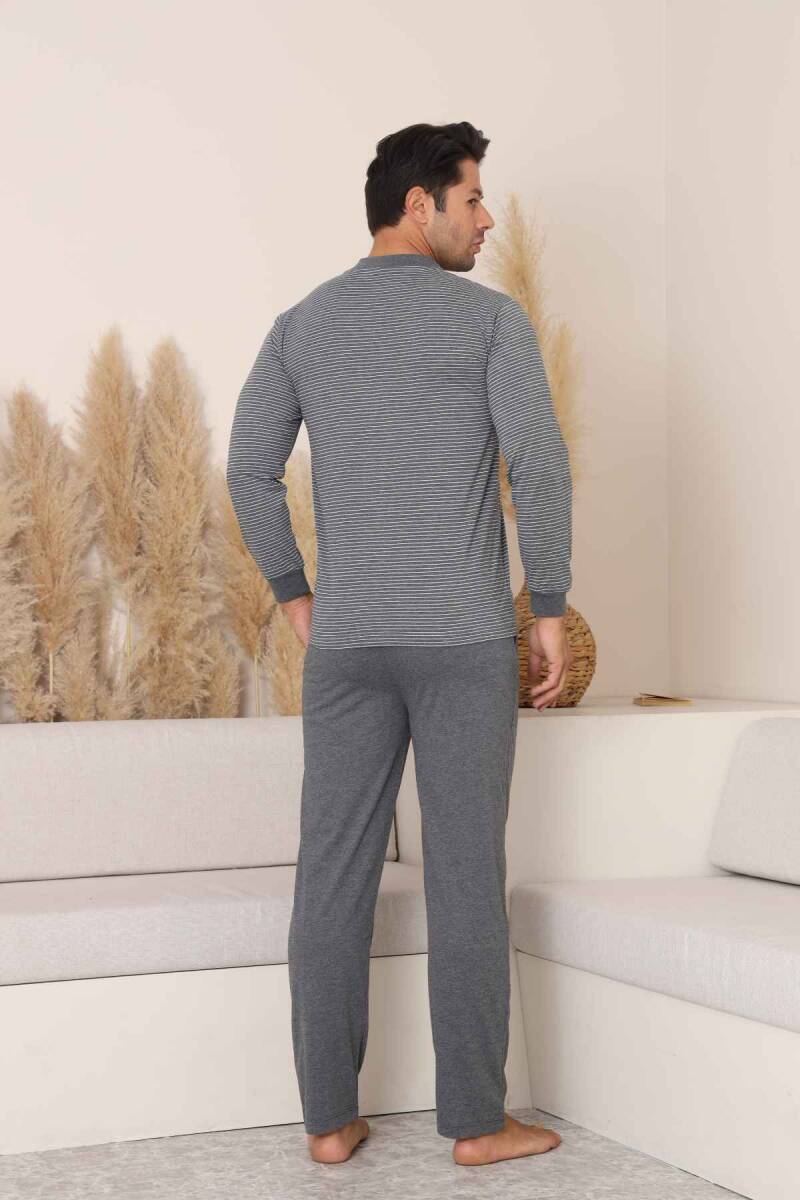 Erkek Pijama Takımı - Antrasit Çizgili Arma Nakışlı Likralı Uzun Kollu Penye 1219UY