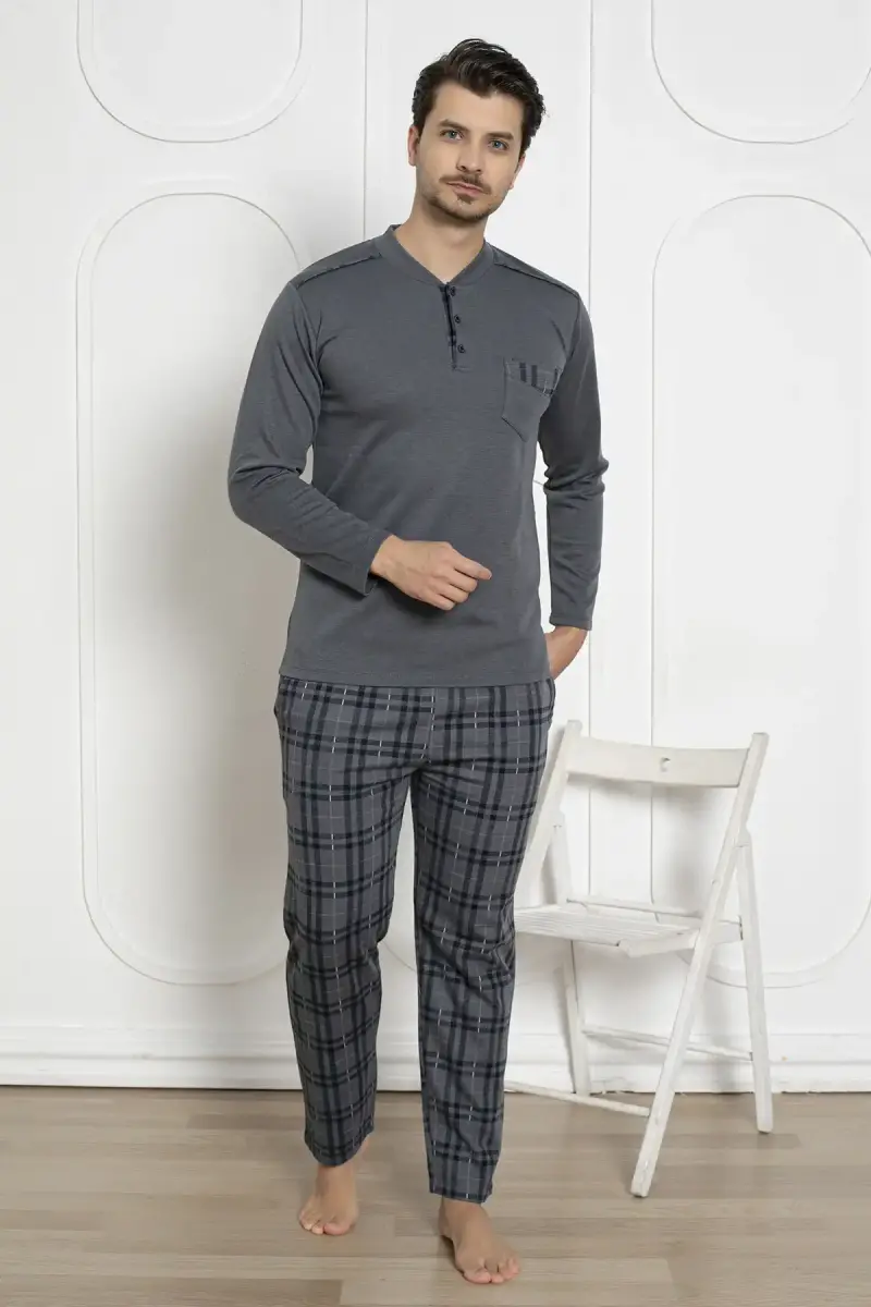 Ekoseli Erkek Pijama Takımı - Füme Kışlık Jakarlıİnterlok 1211UK