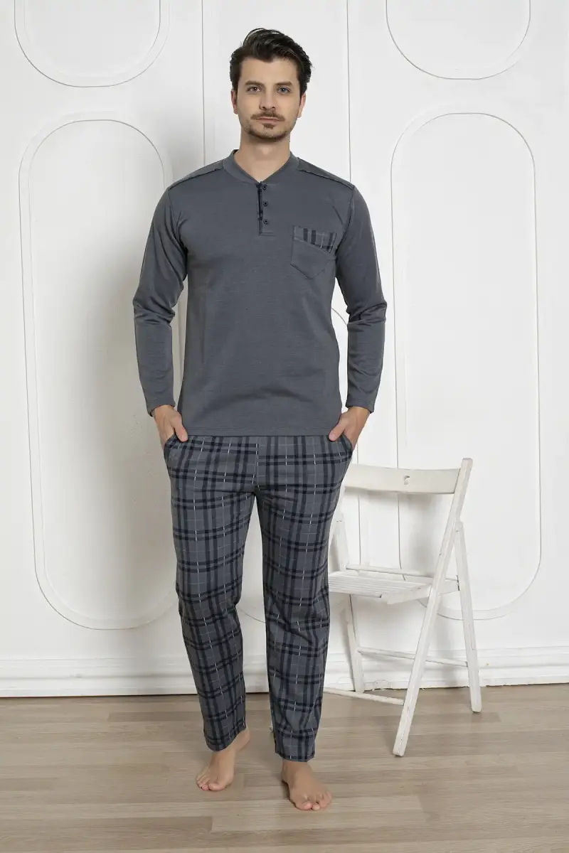 Ekoseli Erkek Pijama Takımı - Füme Kışlık Jakarlıİnterlok 1211UK