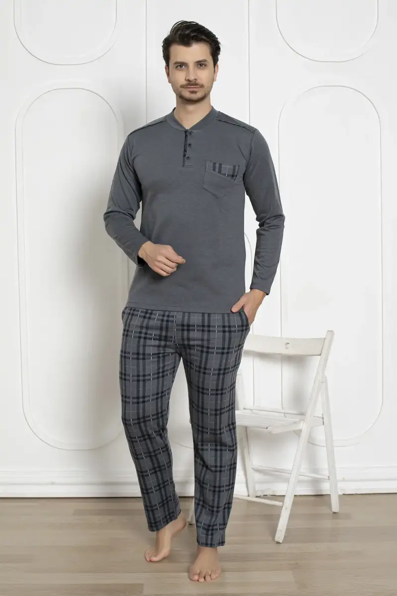 Ekoseli Erkek Pijama Takımı - Füme Kışlık Jakarlıİnterlok 1211UK