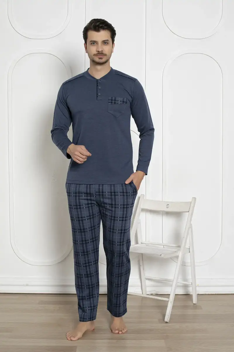 Ekoseli Erkek Pijama Takımı - İndigo Kışlık Jakarlı İnterlok 1211UK