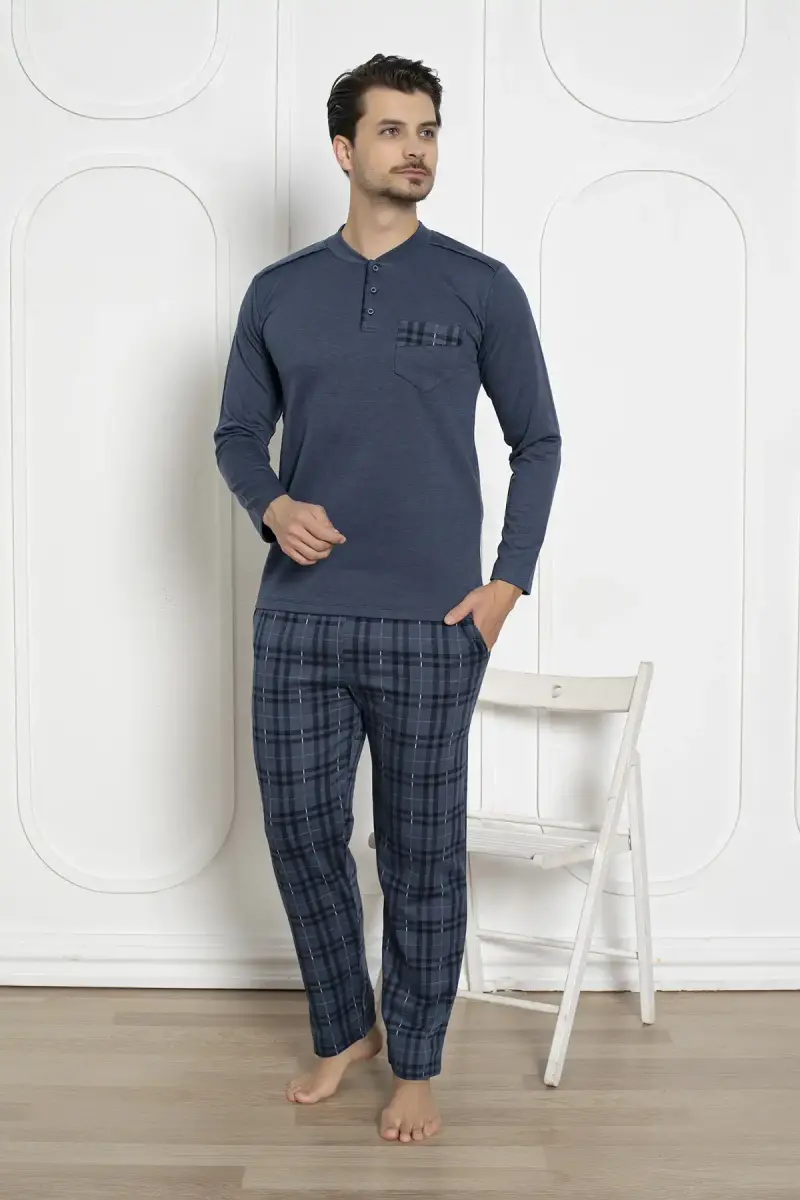 Ekoseli Erkek Pijama Takımı - İndigo Kışlık Jakarlı İnterlok 1211UK