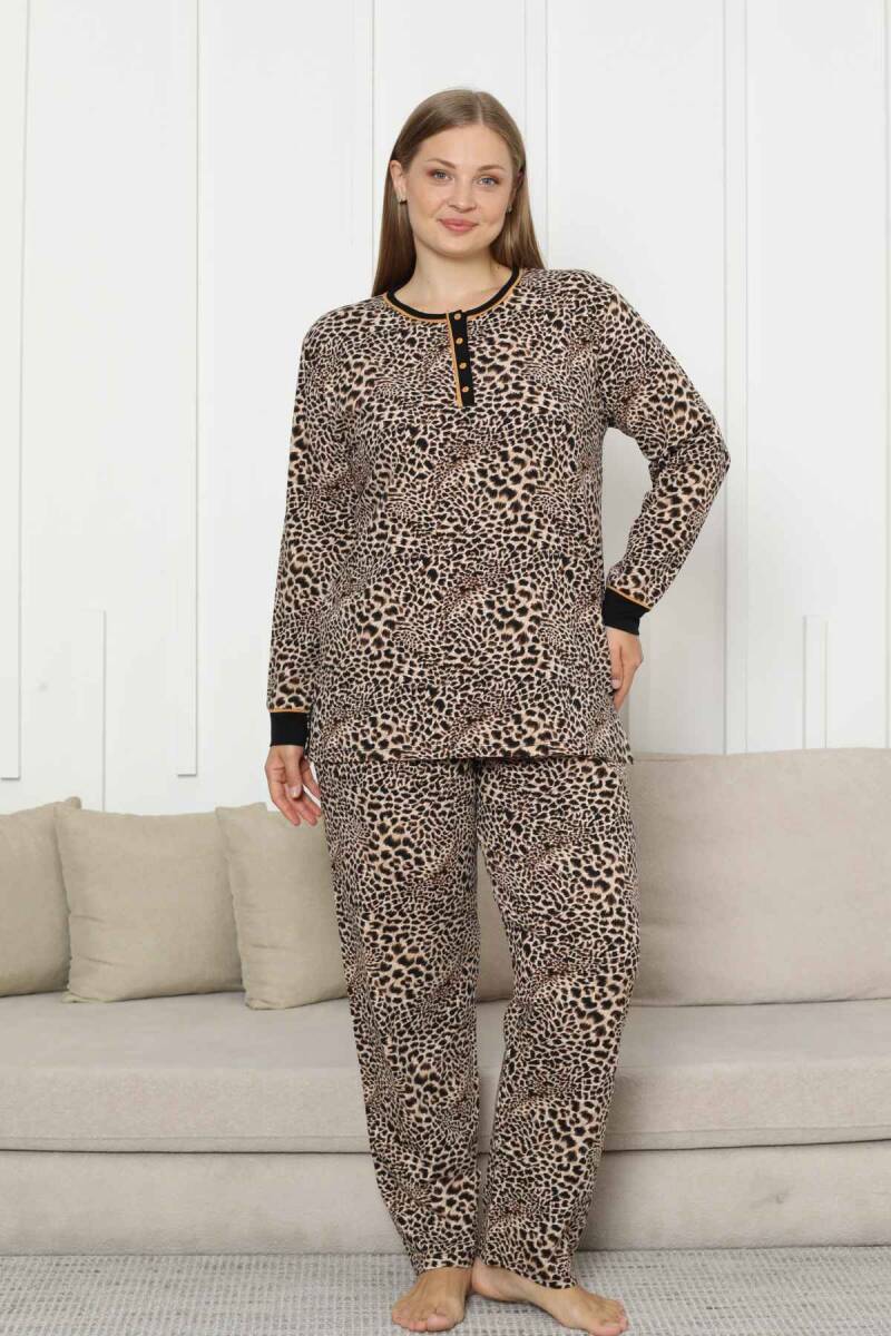 Büyük Beden Kadın Pijama Takımı - Leopar Desenli Uzun Kollu Likralı Pamuk 2880UKB