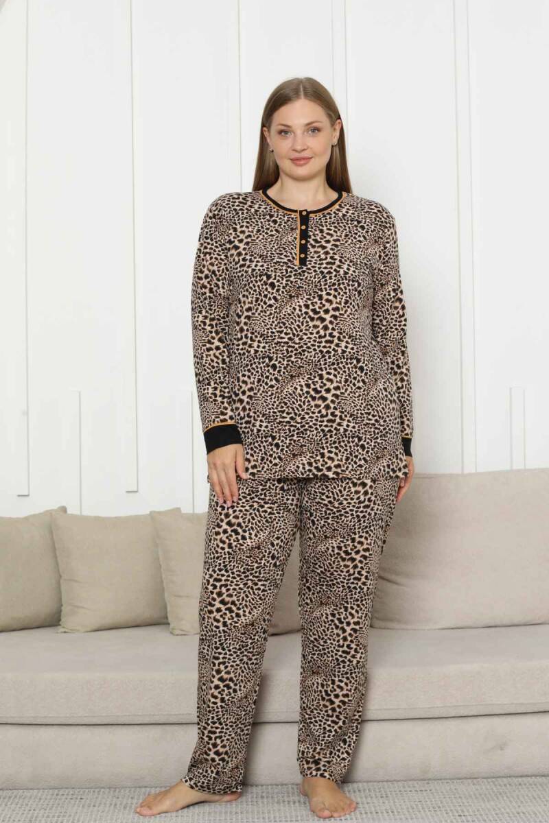 Büyük Beden Kadın Pijama Takımı - Leopar Desenli Uzun Kollu Likralı Pamuk 2880UKB