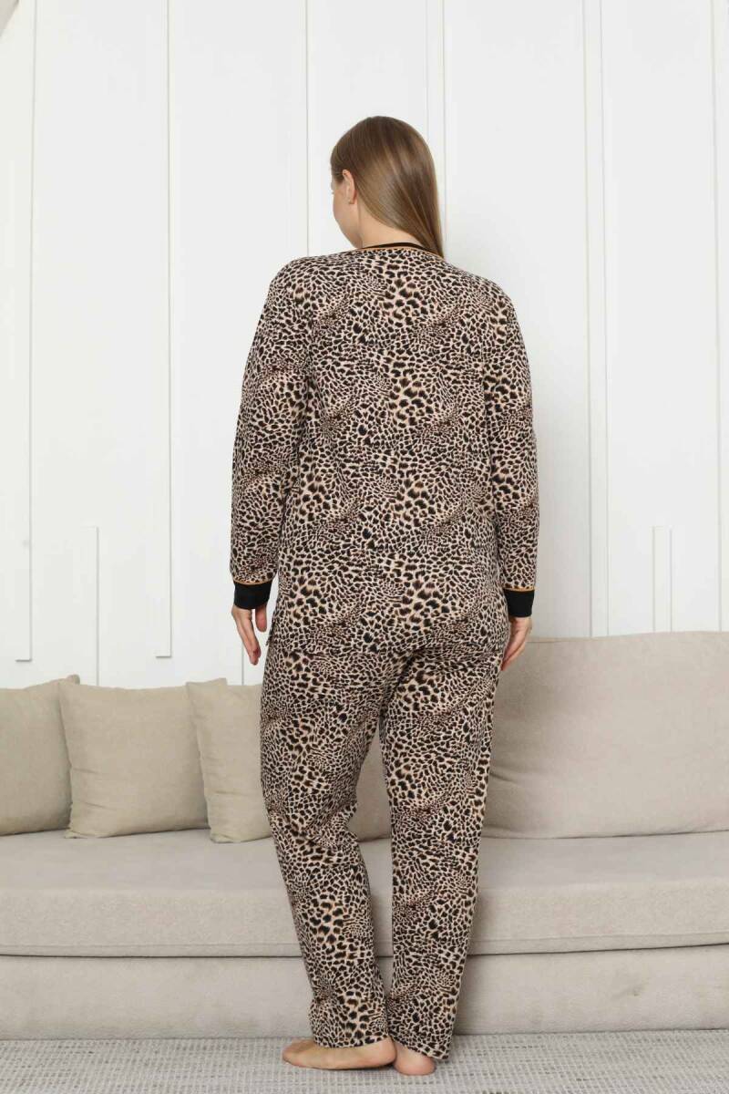 Büyük Beden Kadın Pijama Takımı - Leopar Desenli Uzun Kollu Likralı Pamuk 2880UKB