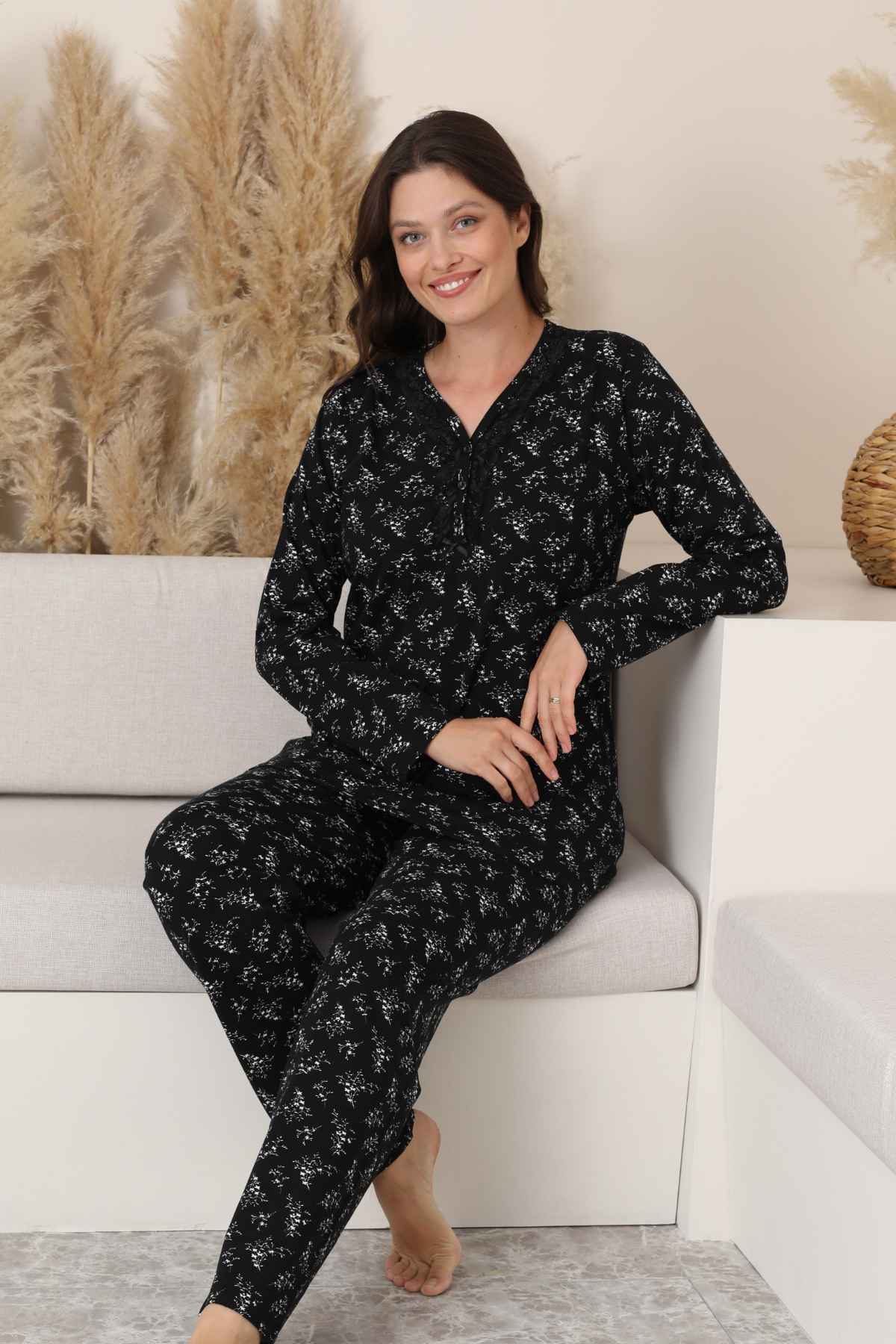 Kadın Pijama Takımı - Siyah Çiçek Desen Uzun Kollu Likralı Pamuk 2882UK