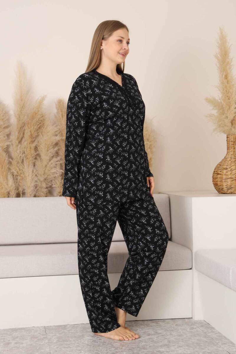 Büyük Beden Kadın Pijama Takımı - Siyah Çiçek Desen Uzun Kollu Likralı Pamuk 2882UKB