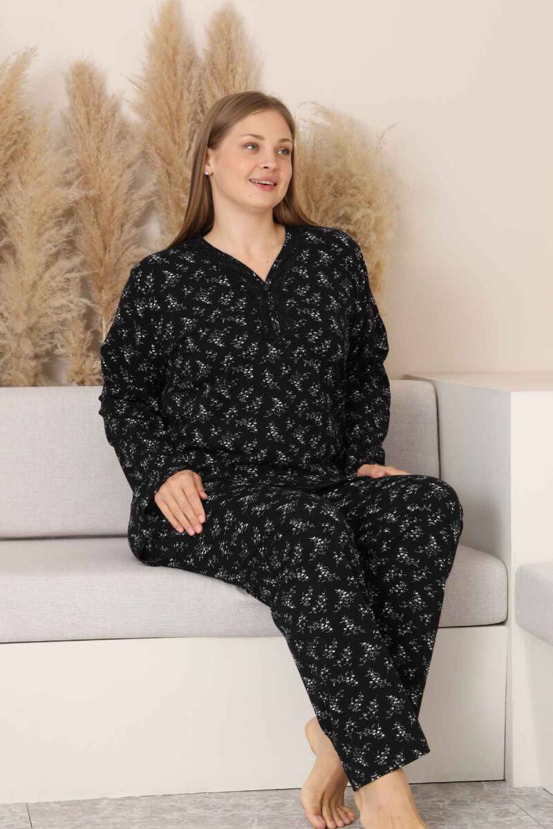 Büyük Beden Kadın Pijama Takımı - Siyah Çiçek Desen Uzun Kollu Likralı Pamuk 2882UKB